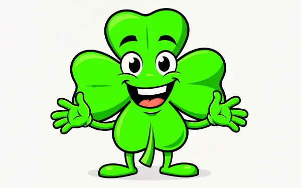 Cartoon shamrock character with smiling face and outstretched arms on a clean white background — 4K Ultra HD PC desktop wallpaper and background.