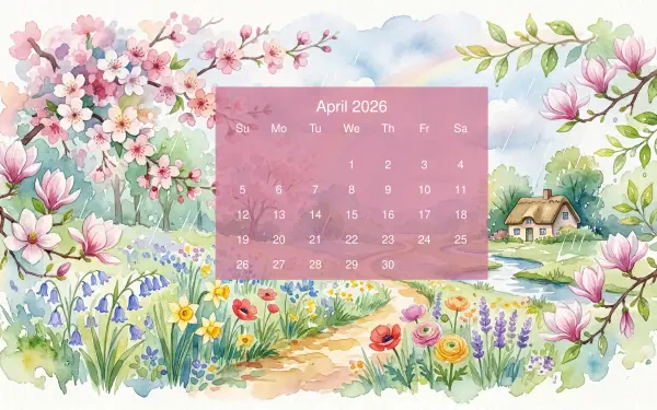 April 2026 calendar overlay on a 5K Ultra HD PC desktop wallpaper: watercolor spring scene with blooming cherry blossoms, wildflowers, a country path and a cottage