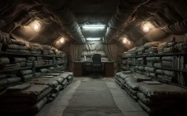 Underground post-apocalyptic military bunker interior with stacked cots and sandbag walls, central desk and chair under a skylight — 2K Quad HD PC desktop wallpaper/background.