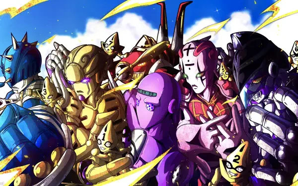 Vibrant 4K Ultra HD PC wallpaper showing a dynamic lineup of Stands from JoJo's Bizarre Adventure: Diamond Is Unbreakable beneath a bright blue sky.