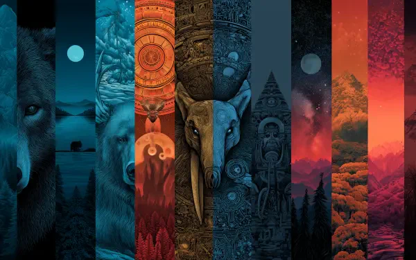 Cryptidcore psychedelic Fantasy Nature dark-fantasy collage in vertical panels: elephant skull, cryptid faces, statues and surreal landscapes — 2K Quad HD PC wallpaper/background.