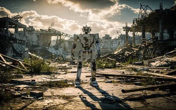 4K Ultra HD PC desktop wallpaper and background — lone humanoid robot in sunlit post-apocalyptic urban ruins, debris and broken buildings beneath a dramatic cloudy sky.