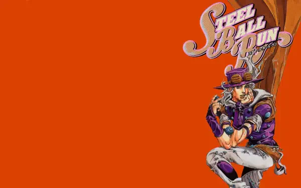 HD PC desktop wallpaper featuring Gyro Zeppeli from Steel Ball Run anime at lower-right against a vivid orange anime background.