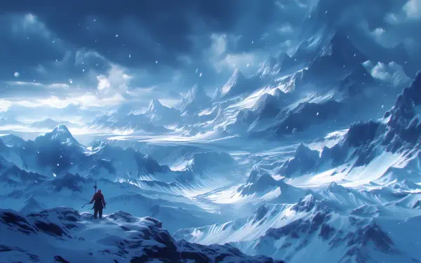 2K Quad HD anime landscape: a solitary figure on a snowy mountain ridge amid winter peaks and drifting snow, vast blue-white vistas — PC desktop wallpaper/background.