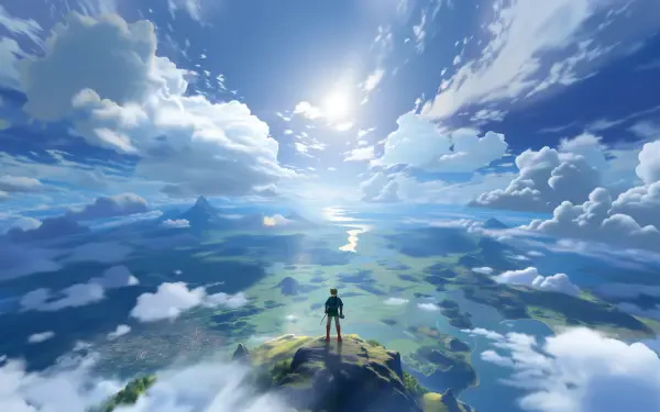 Link from The Legend of Zelda stands on a cliff overlooking a vast cloud-strewn landscape and sunlit horizon, evoking adventure and exploration — 2K Quad HD PC desktop wallpaper.
