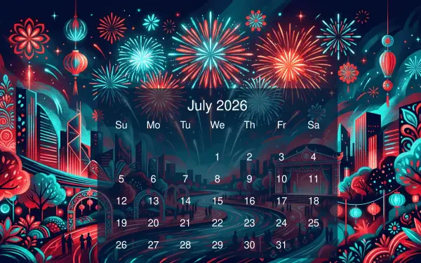 July 2026 calendar on a vibrant 5K Ultra HD PC desktop wallpaper: neon cityscape with fireworks, lanterns and decorative florals.