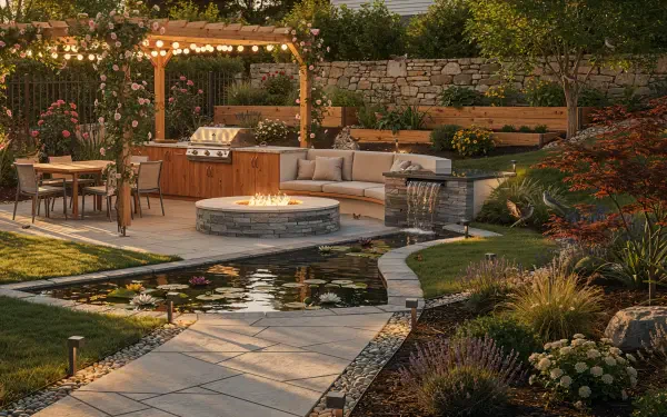 Landscaped backyard: pergola with string lights, outdoor kitchen, stone fire pit and lounge seating beside a pond and waterfall — 4K Ultra HD PC desktop wallpaper background.