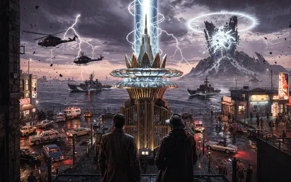 4K Ultra HD PC desktop wallpaper/background: two silhouettes watch a colossal death ray tower fire a lightning beam over a storm-lashed coastal city as helicopters and warships scramble.