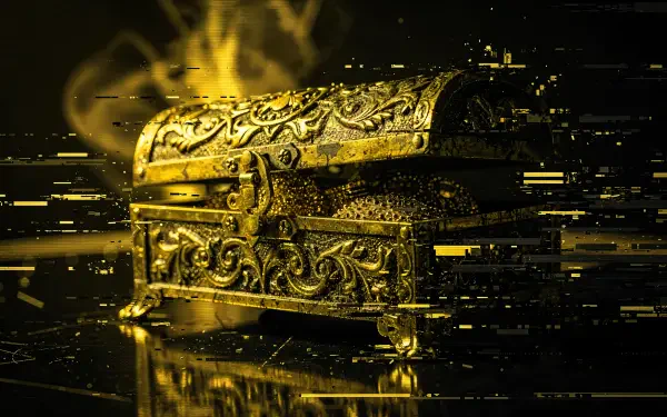 Ornate golden jewelry box emitting sparks and digital glitch fragments, reflected on a glossy surface — 4K Ultra HD PC desktop wallpaper and background.