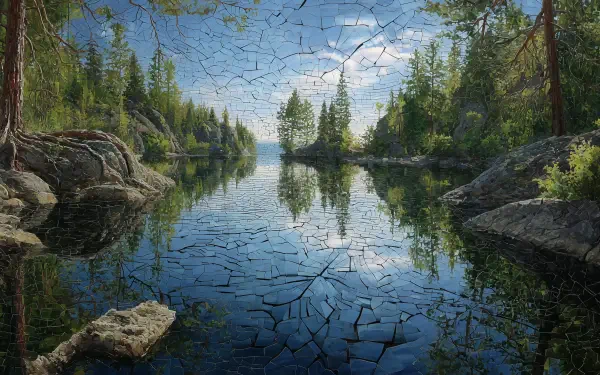 2K Quad HD PC desktop wallpaper and background: serene nature landscape — reflective forest lake with pine trees and rocky shores, cracked earth texture overlay across water and sky.