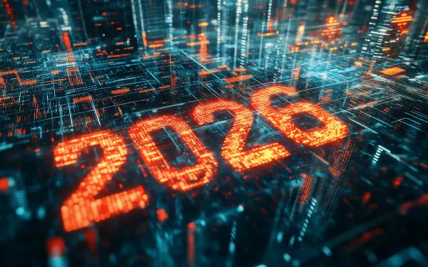 2K Quad HD PC cybernetic desktop wallpaper: glowing '2026' digits in an orange matrix grid amid teal circuit-like skyscrapers, futuristic technology design with neon data streams.