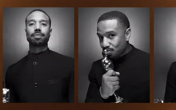 Black-and-white HD desktop wallpaper: triptych portraits of a male actor at the Academy Awards, holding and kissing an Oscar statuette.