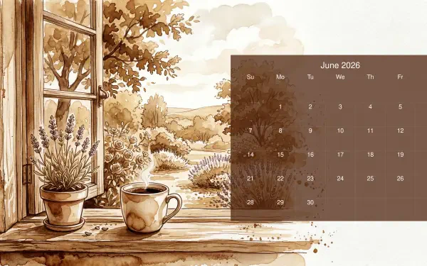 June 2026 calendar overlay on a warm sepia watercolor windowsill with potted lavender and a mug overlooking rolling countryside — 5K Ultra HD PC desktop wallpaper/background.