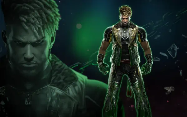 4K Ultra HD PC desktop wallpaper of Tekken 8 fighter Eddy Gordo in a capoeira stance with neon green aura and shattered glass backdrop.