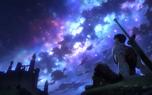 Melancholic sky anime scene: Guts (Berserk) sits with his greatsword under a vivid, star-filled nebula — 2K Quad HD PC desktop wallpaper background.