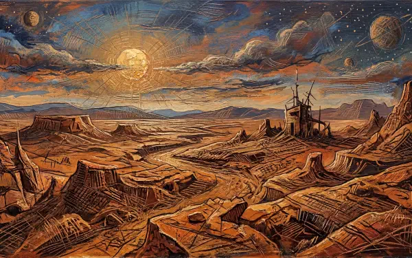 5K Ultra HD PC desktop wallpaper and background: panoramic desert planet at sunset with rocky mesas, ruined outpost, twin moons and a starry, textured sky.