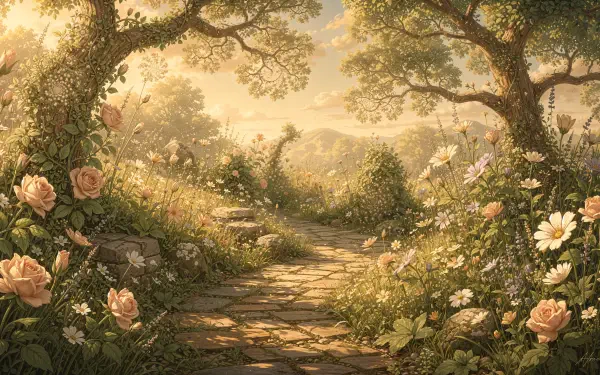 Cottagecore garden path lined with roses and wildflowers under golden light, presented as a 4K Ultra HD PC desktop wallpaper and background.