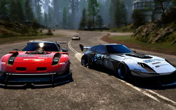 Two race cars — red and white — drift on a forested mountain road in a high-detail 4K Ultra HD PC desktop wallpaper from the racing video game Screamer (2026).