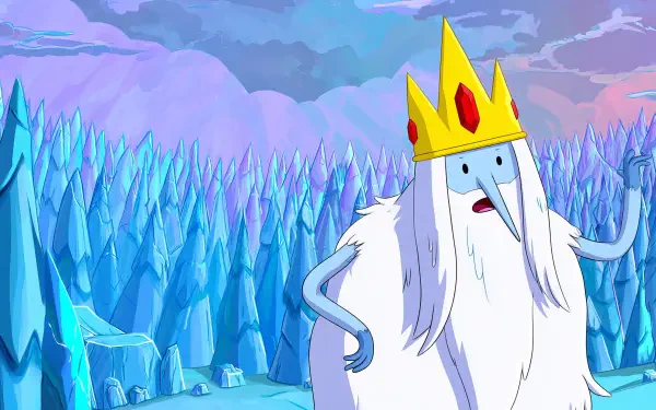 2K Quad HD PC desktop wallpaper background: Ice King from Adventure Time (TV show) stands in a spiky ice landscape, long white beard, gold crown with red gem, pastel sky.