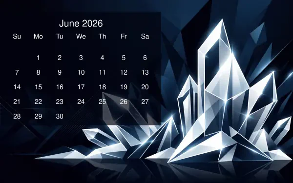 June 2026 calendar over abstract crystalline shards on a dark blue geometric background — 5K Ultra HD PC desktop wallpaper/background.