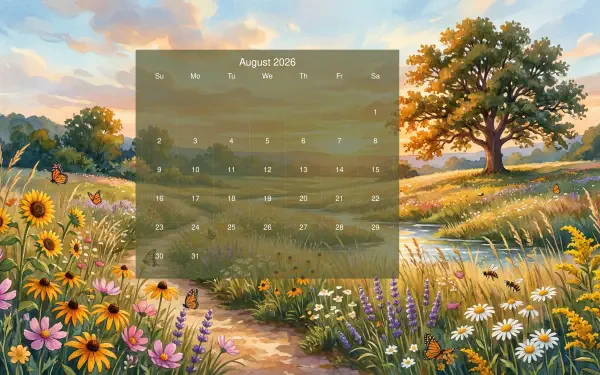 August 2026 calendar over 5K Ultra HD PC desktop wallpaper background: sunlit wildflower meadow with butterflies, winding path, tree by a stream under a pastel sky.