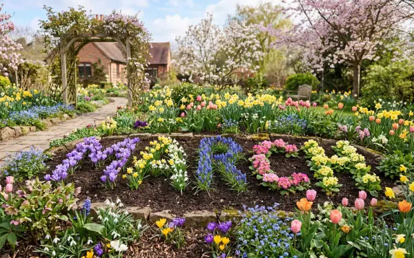 5K Ultra HD PC desktop wallpaper: sunlit spring garden with a circular flowerbed spelling MARCH in colorful tulips, crocuses and blossoms, stone paths and a cottage beyond.