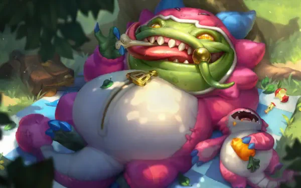 Video game 4K Ultra HD PC wallpaper: League of Legends' Tahm Kench in a whimsical pink floral costume, reclining on a picnic blanket with snacks.