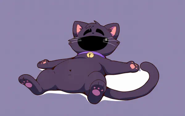CatNap (Poppy Playtime) art: a dark cartoon cat with a bell collar sprawled on its back, paws up, napping on a lavender background. 2K Quad HD PC desktop wallpaper, dark gaming vibe.