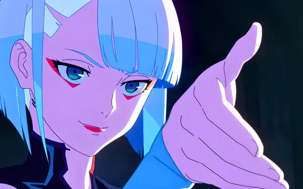 Lucy from Cyberpunk: Edgerunners — anime girl with icy blue hair and piercing blue eyes reaching out in neon-lit scene; 4K Ultra HD PC desktop cyberpunk wallpaper.