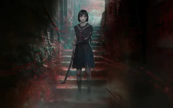 Silent Hill F — 4K Ultra HD PC desktop wallpaper of a lone girl in a school uniform holding a bat on misty, blood-streaked steps in a decaying alley.