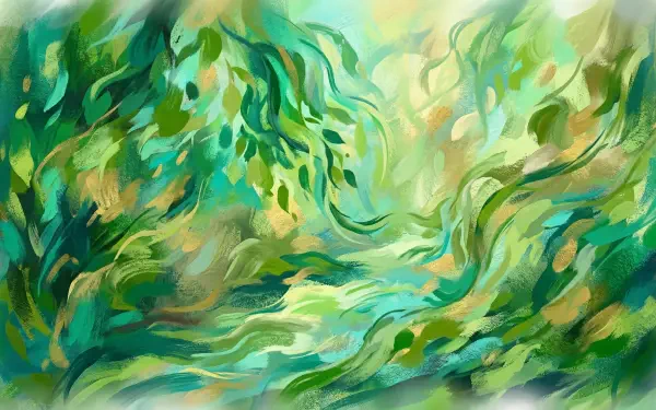 Abstract green swirls and leaf-like forms in flowing brushstrokes, vibrant 5K Ultra HD PC desktop wallpaper background.