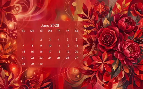 June 2026 calendar on a red rose and leafy pattern — 5K Ultra HD PC desktop wallpaper and background.