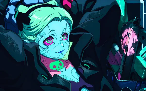 Rebecca from Cyberpunk: Edgerunners — neon cyberpunk close-up with green hair and magenta eyes, mischievous expression against a dark, tech-lit backdrop; 5K Ultra HD PC desktop wallpaper.