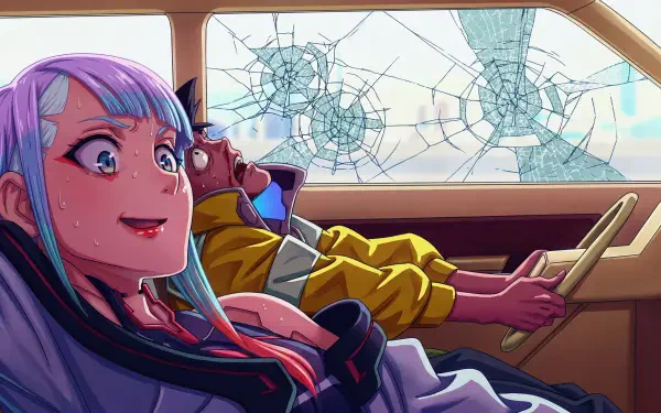 Cyberpunk: Edgerunners anime 5K Ultra HD PC desktop wallpaper — Lucy grins in the passenger seat while David slumps at the wheel after a crashout; shattered car window and neon palette.