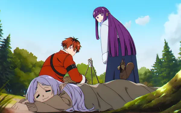 4K Ultra HD PC desktop wallpaper from the anime Frieren: Beyond Journey's End — Frieren asleep in the foreground, Stark kneeling and Fern standing in a sunlit forest.