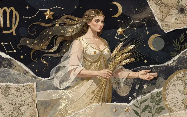 4K Ultra HD PC desktop wallpaper: elegant Virgo astrology illustration of a robed maiden holding wheat beneath constellations, moon and stars on a textured celestial background.
