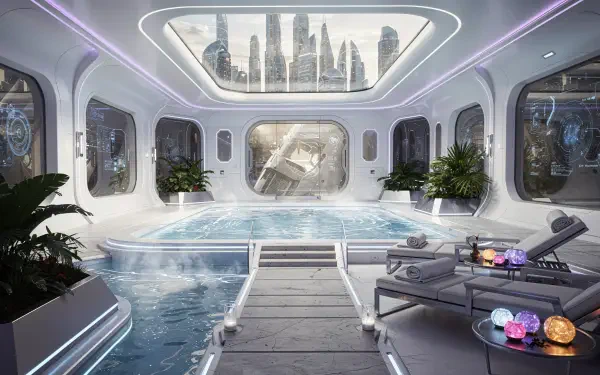 Futuristic spa interior with indoor pool, skylight framing a city skyline, lounge chairs, glowing orbs and plants — 4K Ultra HD PC desktop wallpaper and background.