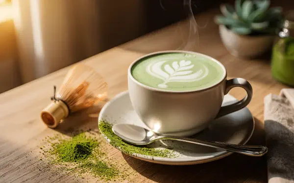 Steaming green tea latte with leaf latte art in a white cup on a saucer, spoon and matcha powder on a wooden table — 4K Ultra HD PC desktop wallpaper background.