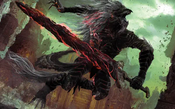 Video game HD PC desktop wallpaper: Maliketh the Black Blade (Elden Ring), a monstrous wolflike knight lunging with a blood-red, glowing broadsword amid crumbling ruins.