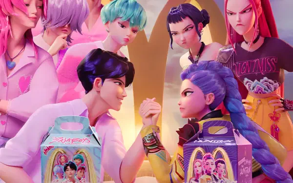 2K Quad HD PC wallpaper: KPop Demon Hunters × Saja Boys crossover at McDonald's — colorful characters arm-wrestling beside themed meal boxes.