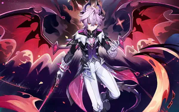 HD PC desktop wallpaper/background from the video game Genshin Impact showing Durin — a pale, purple‑haired, dark‑winged figure in white‑purple attire against swirling crimson cosmic energy.