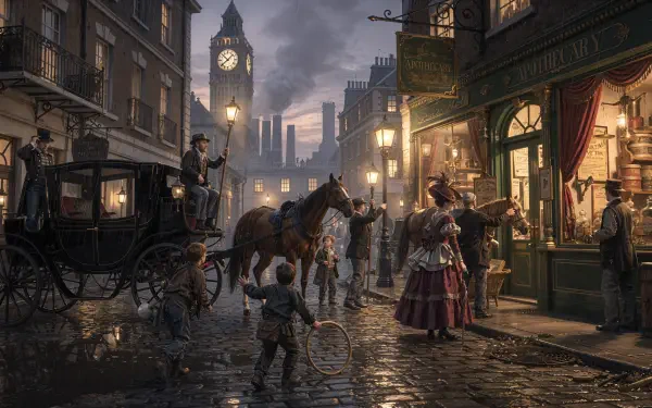 Victorian-era rainy cobblestone street at dusk with horse-drawn carriage, gas lamps, shopfronts and period-dressed figures — 4K Ultra HD PC desktop wallpaper/background.