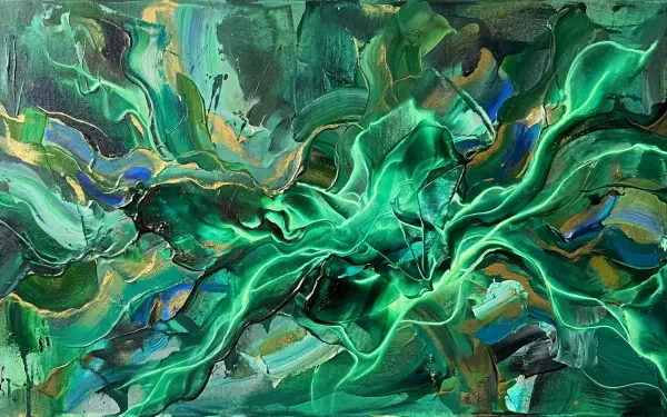 Abstract emerald green and teal swirls with gold accents, high-detail 5K Ultra HD PC desktop wallpaper and background.