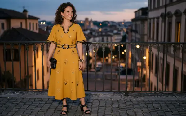 Woman in a flowing yellow dress on a cobblestone balcony overlooking a lit city at dusk — 5K Ultra HD PC desktop wallpaper and background.