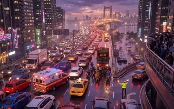 5K Ultra HD PC desktop wallpaper and background: rainy city traffic jam at dusk, packed lanes of cars, buses and an ambulance flowing toward a glowing suspension bridge.