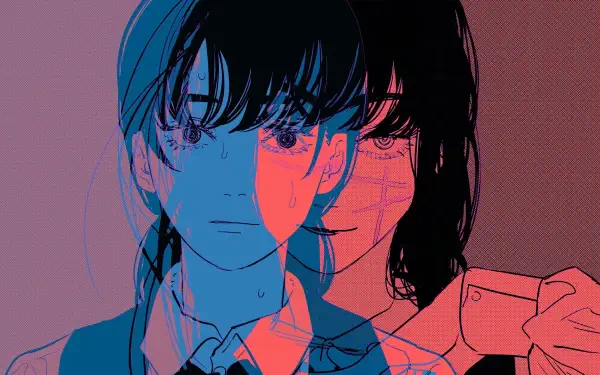 Anime 2K Quad HD PC wallpaper background of Asa Mitaka from Chainsaw Man, layered with the War Devil in red and blue double-exposure, moody portrait and shadowed silhouette.