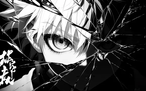 2K Quad HD PC desktop wallpaper — dark manga-style close-up of Killua Zoldyck (Hunter x Hunter): one eye and spiky hair seen through fractured glass in stark black-and-white.