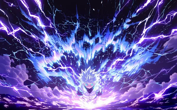 Purple anime 2K Quad HD desktop wallpaper of Killua Zoldyck (Hunter x Hunter) unleashing a crackling electric aura, purple lightning bursting outward over stormy clouds.