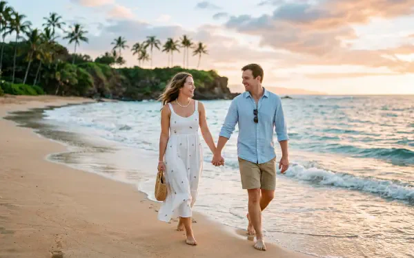 Honeymoon couple walking hand-in-hand along a tropical beach at sunset — 5K Ultra HD PC desktop wallpaper/background showing romantic shoreline, palm trees, and gentle waves.