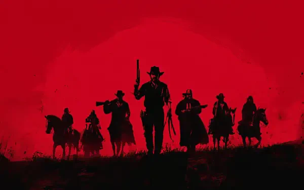 Red Dead Redemption video game HD PC desktop wallpaper: black silhouettes of outlaws and a gunslinger set against a stark red-and-black horizon.